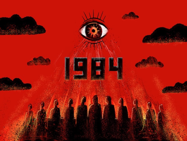 A poster for Orwell's 1984 shows an eye shining down onto dark, hooded figures in a line beneath black clouds