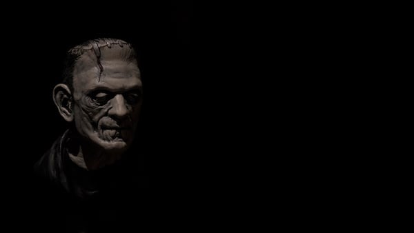 The head of Frankenstein's monster is illuminated against a black background