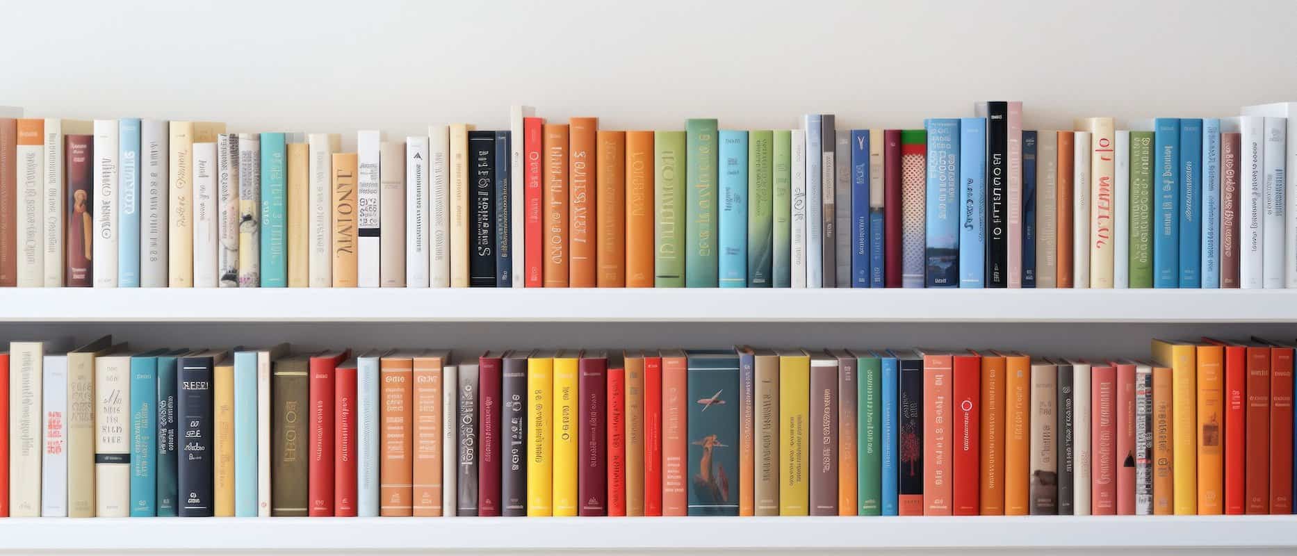 Two long shelves filled with colourful books.