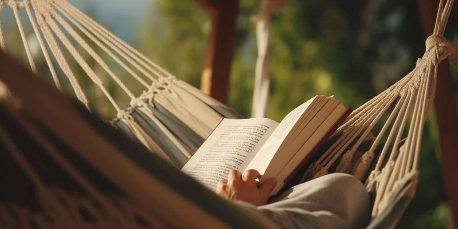 A person reads a book in a hammock on a sunny day.