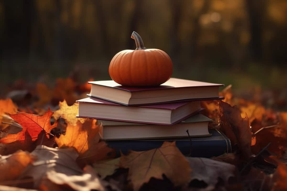 A pumpkin sits on top of a stack of books