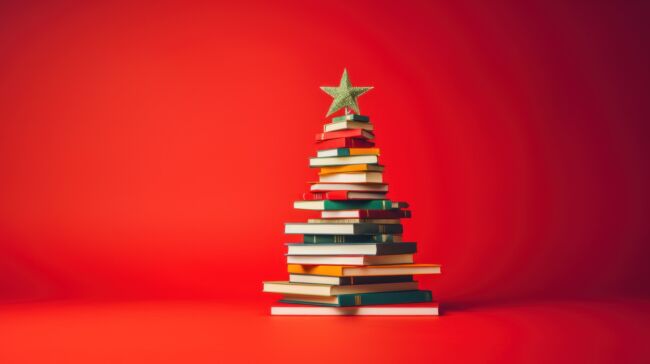 A Christmas tree made out of a pyramid of books.