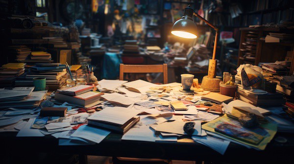 A desk overflowing with books and papers