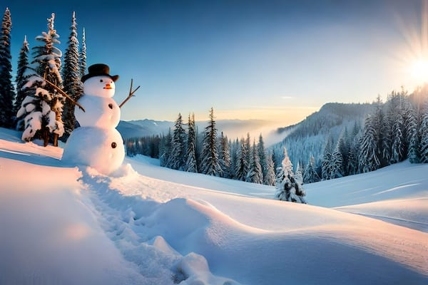 A snowman in a mountainous forest clearing