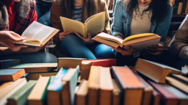 Three teenagers read books in a library.