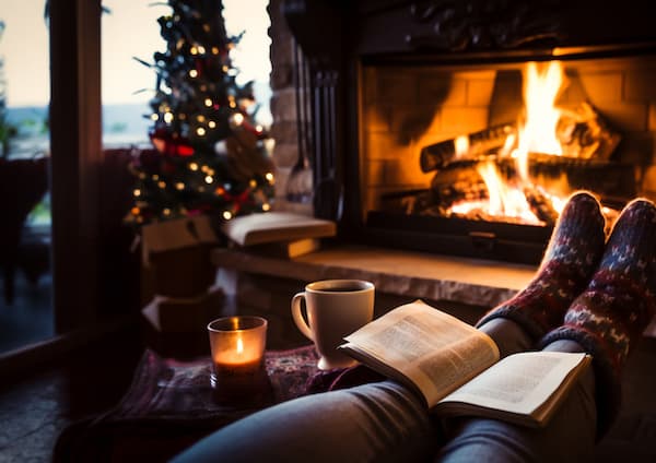 A person reading by the fire with a Christmas tree, candle, hot drink, and fluffy socks