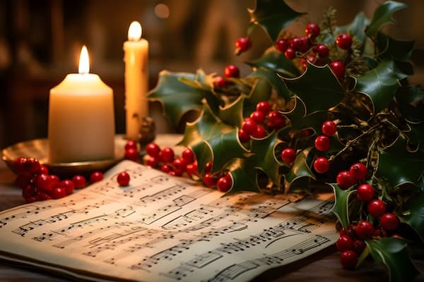 Some candles and holly sit on pages of sheet music.