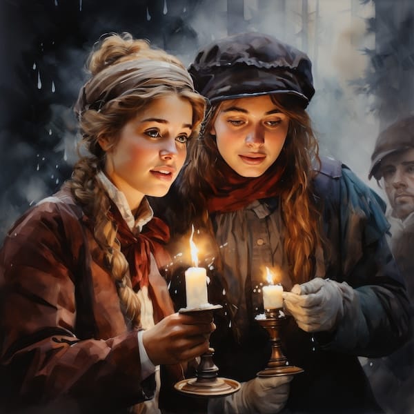 Two Victorian girls holding candles outdoors.