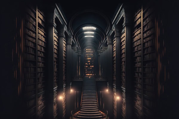 A large, dark library corridor with a central staircase.