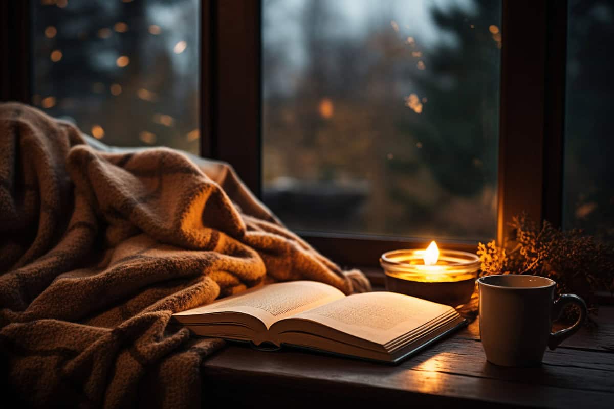 cosy settings, with book near a candle on the windowsill