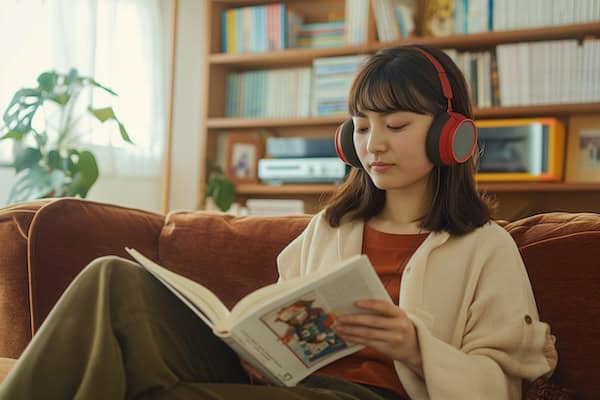 women reading with headphones on