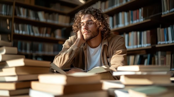 A person thinking with their eyes closed in a library.