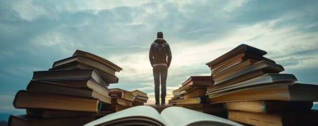 A person standing on the edge of a tower of books.