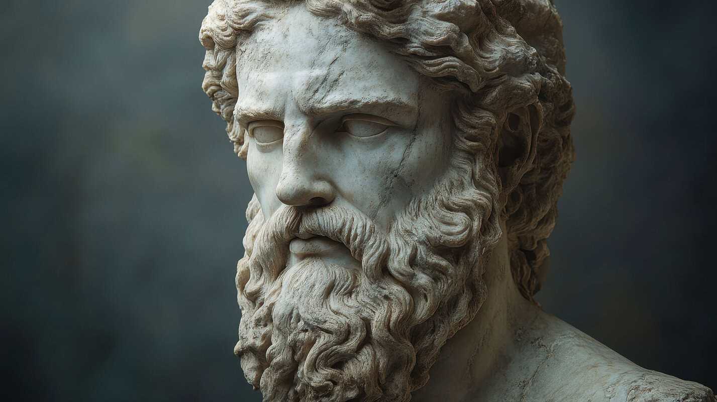 A close up of a ancient statue of Zeus's face