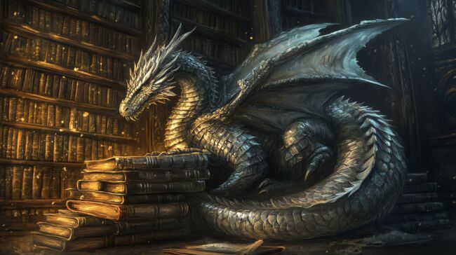 A mythical scene of a dragon in a library of ancient books.