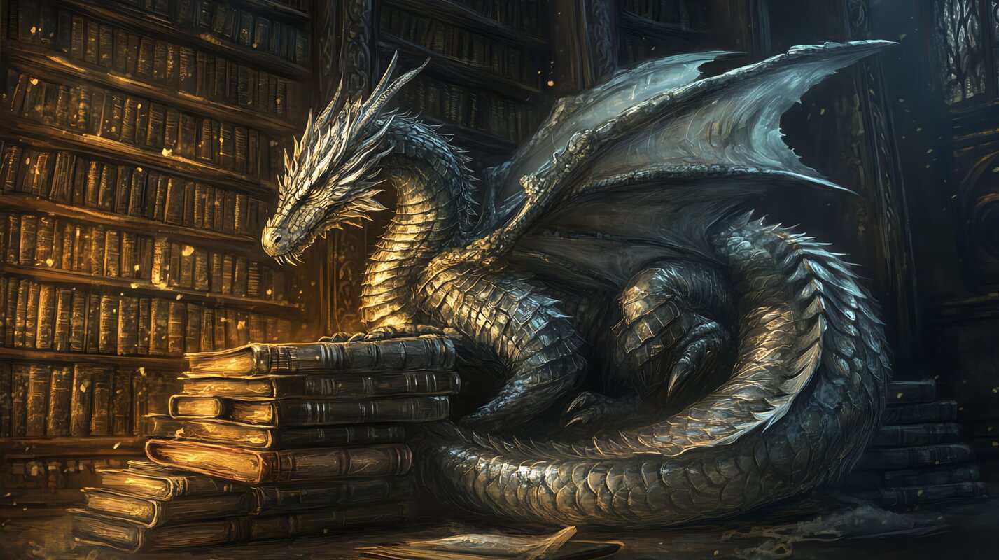 A mythical scene of a dragon in a library of ancient books.