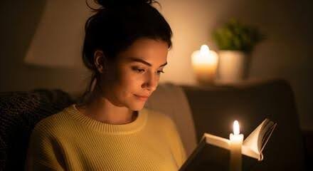 Person reading a book by candlelight