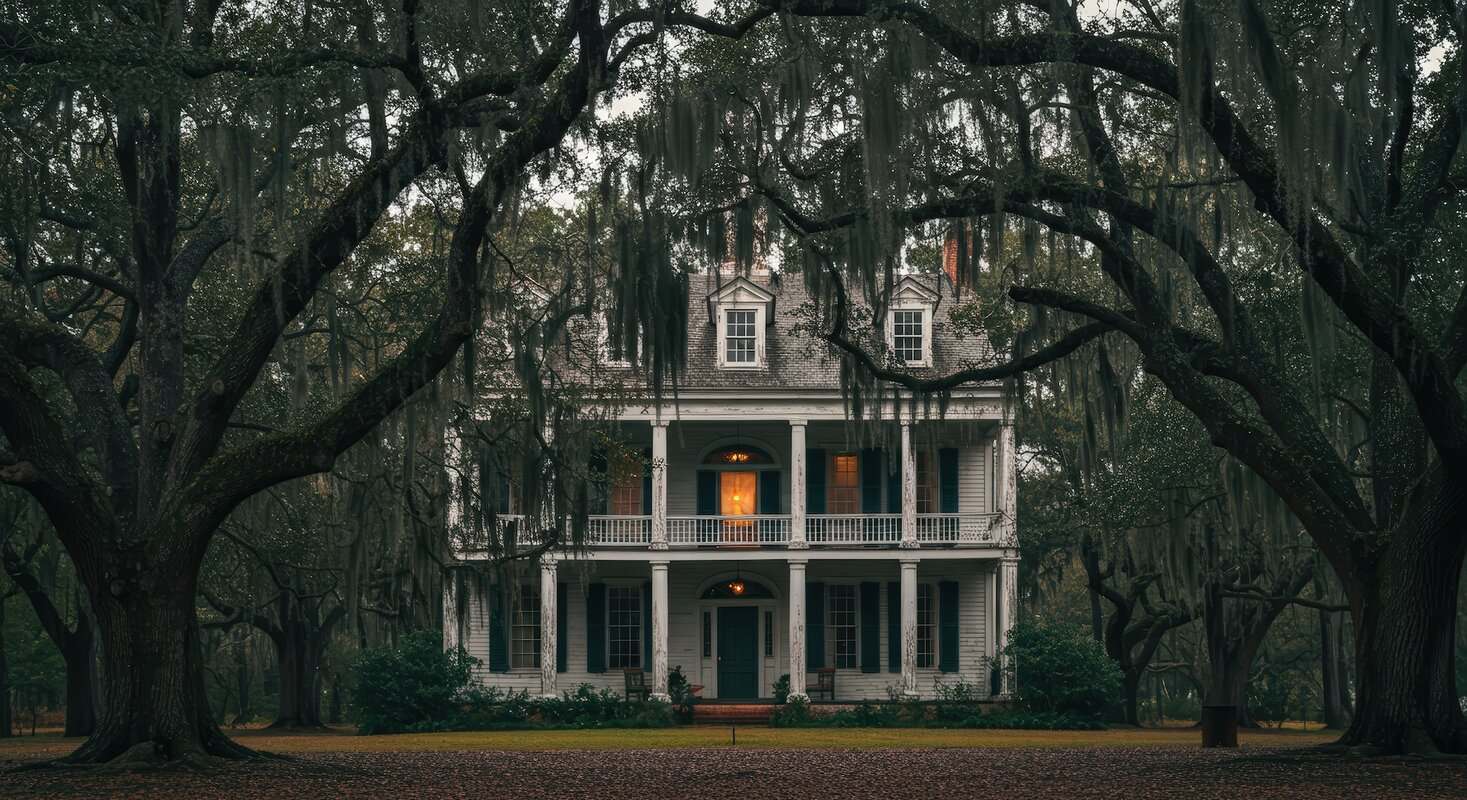 A grand old house in the deep south of America surrounded by drooping trees.