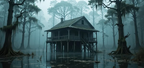 An old decaying house in a swamp in the deep south of America.
