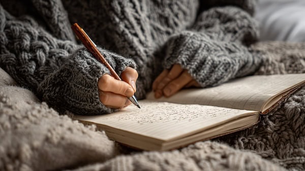A close up shot of a woman's hands as she writes some notes with a pen in her journal.