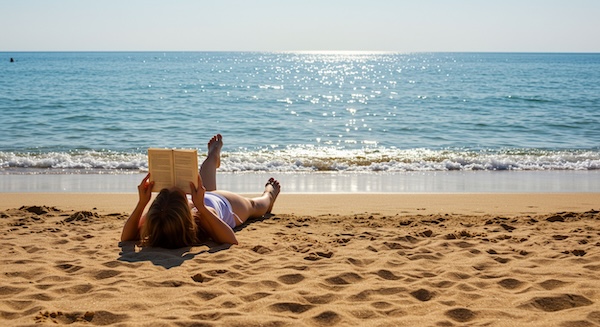 Lady lying on the sand reading a book beside the sea.