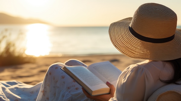A woman sat beside the beach, wearing a straw hat and reading a book.