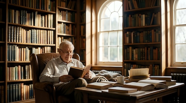 Elderly man reading book in traditional library with floor-to-ceiling bookshelves and natural window light creating warm cosy atmosphere.