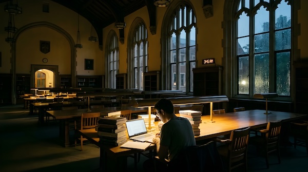 Student studying late at night in historic university library.