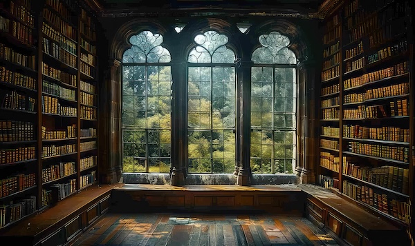 A dark gothic library with a large window looking out into a rainy forest. The library is full of old books and wooden furniture.