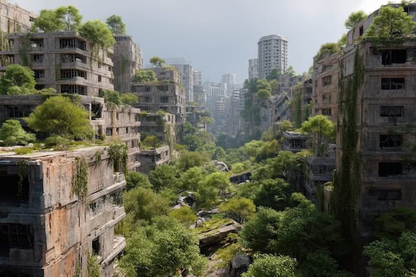 An abandoned dystopian cityscape taken over by vegetation.