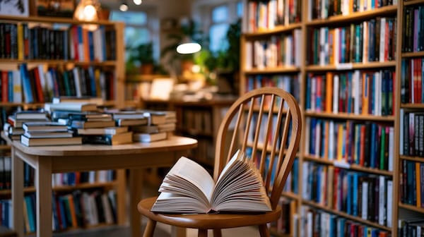 An open book on a chair in an independent bookshop with floor to ceiling shelves and a reading table in the background.