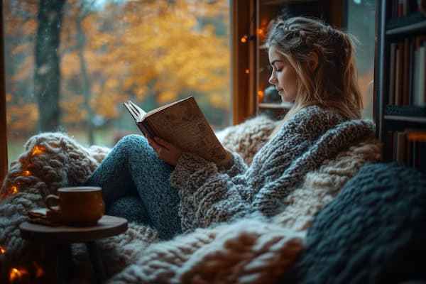 Alt text: Woman reading a book in a cozy sweater, enjoying a peaceful autumn afternoon indoors with warm light, a blanket, and a view of orange leaves outside.