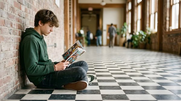 Teenage boy sitting on a hallway floor reading a comic book in school.