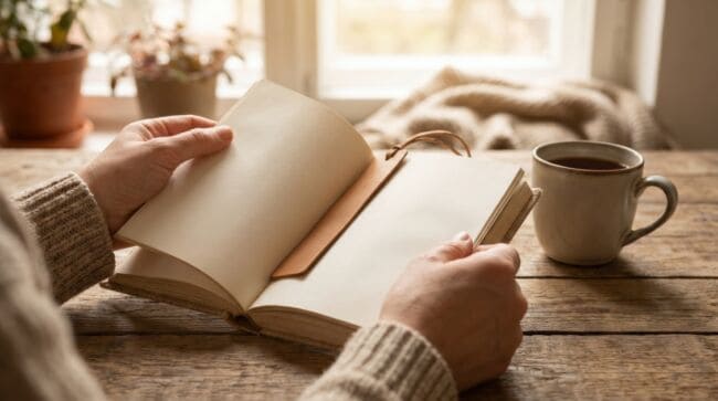 Hands opening blank journal with leather bookmark next to hot cup of tea on rustic wooden table.