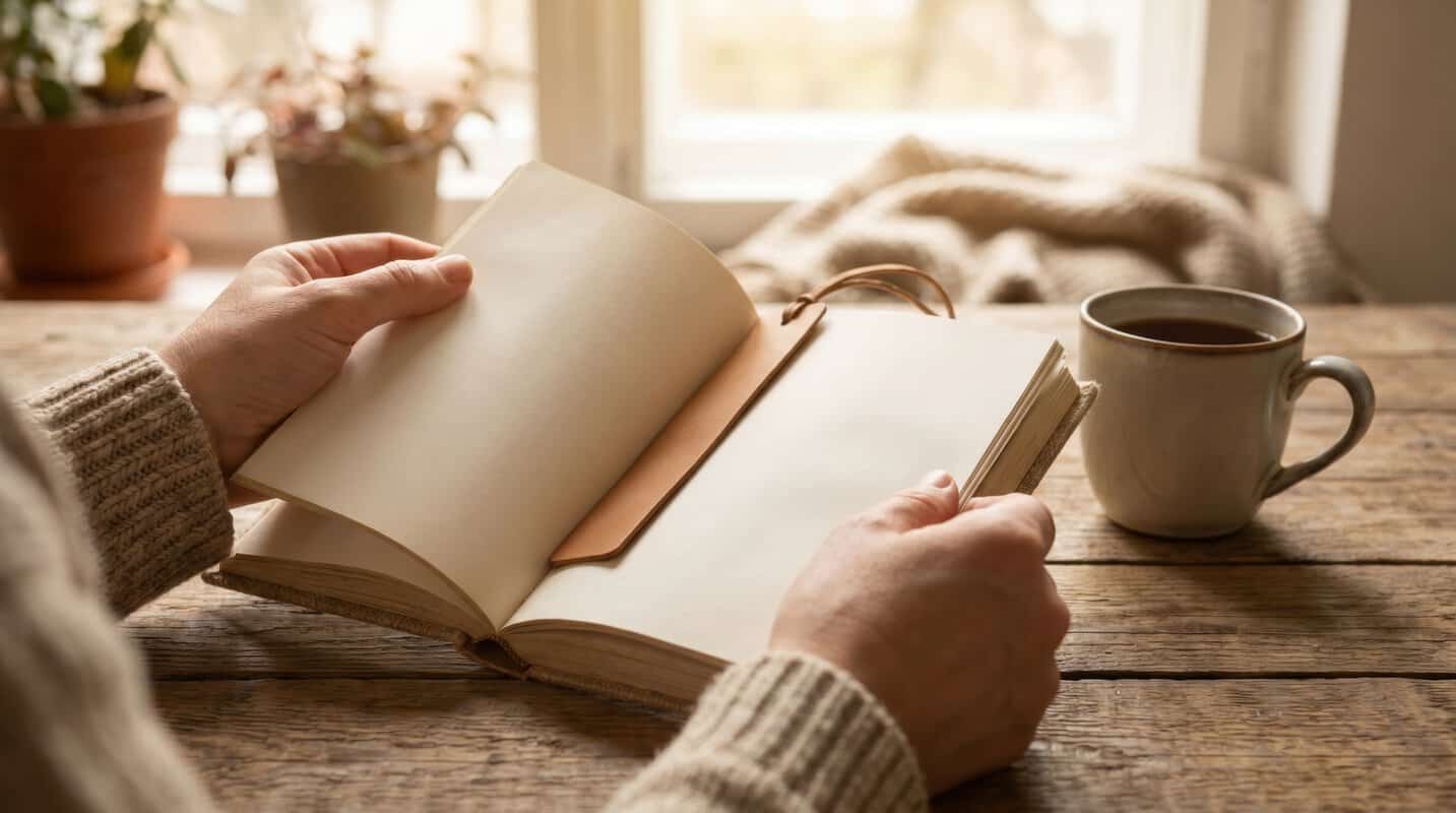 Hands opening blank journal with leather bookmark next to hot cup of tea on rustic wooden table.