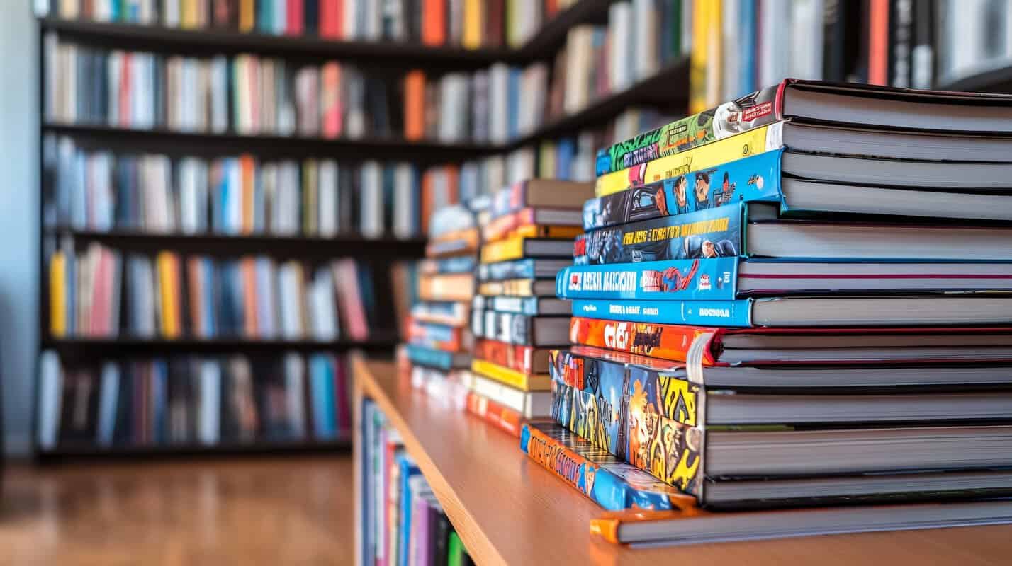 A colourful stack of graphic novels with bold, eye-catching covers, arranged on a modern bookshelf.