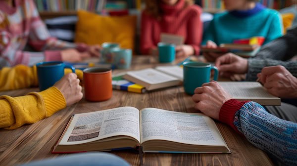 A selection of open books on a table, surrounded by mugs of coffee and people discussing their book club read.