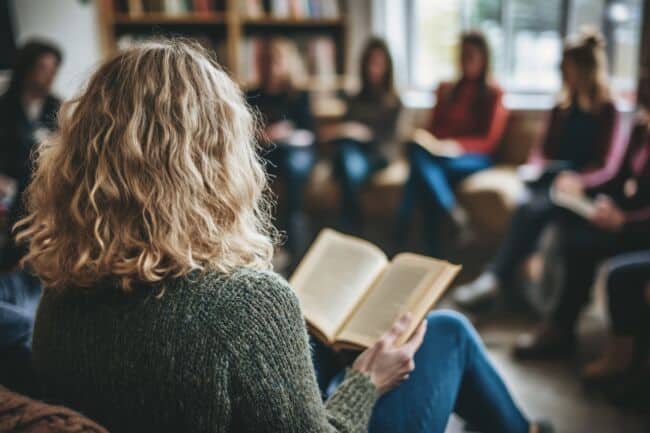 A person reading an open book in a circle of other readers.