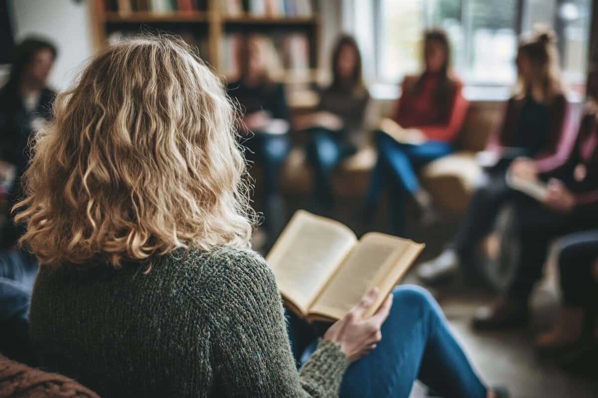 A person reading an open book in a circle of other readers.