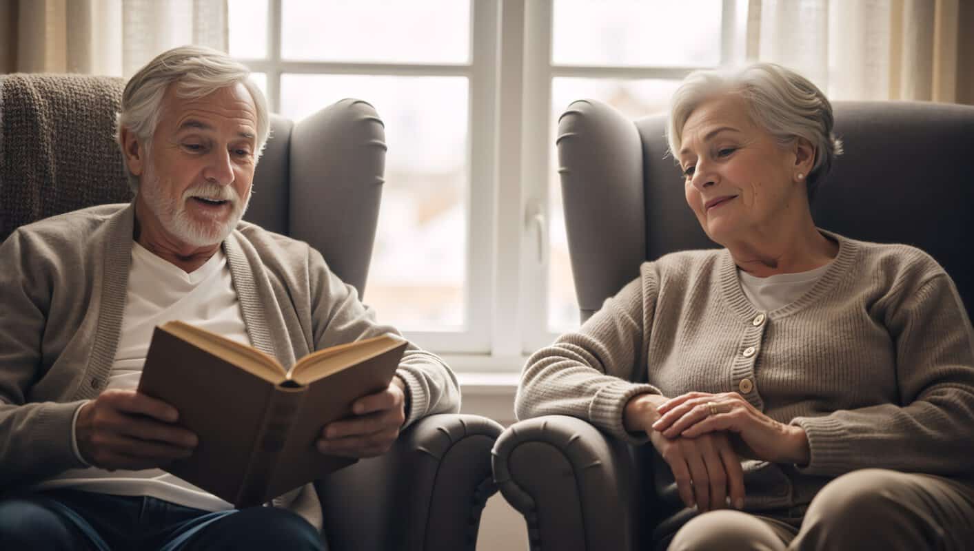 Elderly couple sharing a moment of companionship at home by reading aloud to his wife.